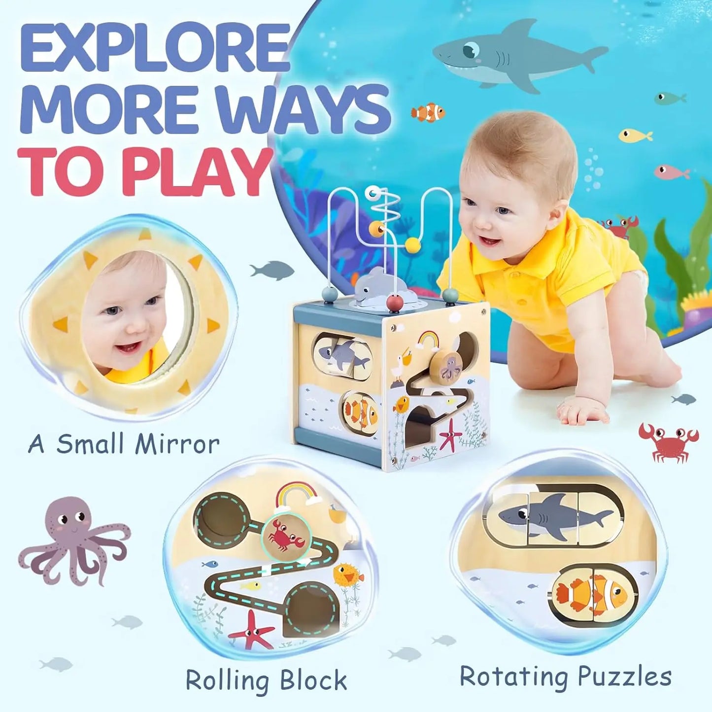 Montessori Activity Cube Wooden Ocean Animal Shape Sorter Toys Bead Maze Fine Motor Toy Todders Learning Educational Gifts