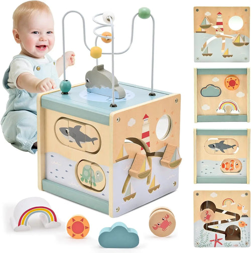 Montessori Activity Cube Wooden Ocean Animal Shape Sorter Toys Bead Maze Fine Motor Toy Todders Learning Educational Gifts