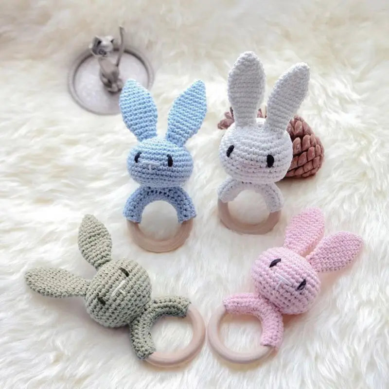 BPA Free Safe Crochet Baby Teether Cartoon Bunny Wooden Rattle Toys DIY Infant Newborn Teething Ring Baby Stroller Cot Baby Toy