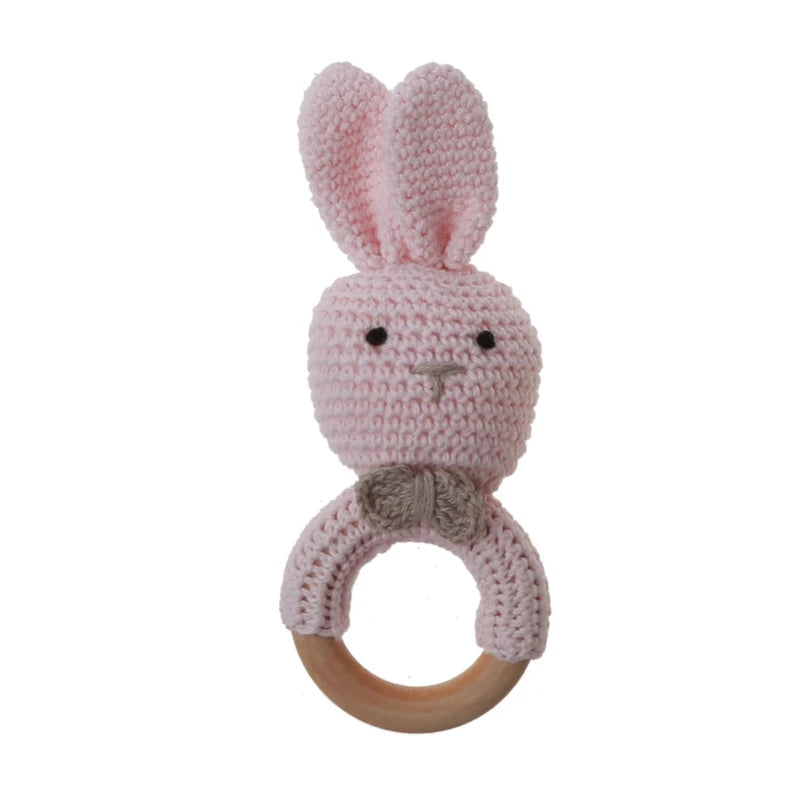 BPA Free Safe Crochet Baby Teether Cartoon Bunny Wooden Rattle Toys DIY Infant Newborn Teething Ring Baby Stroller Cot Baby Toy