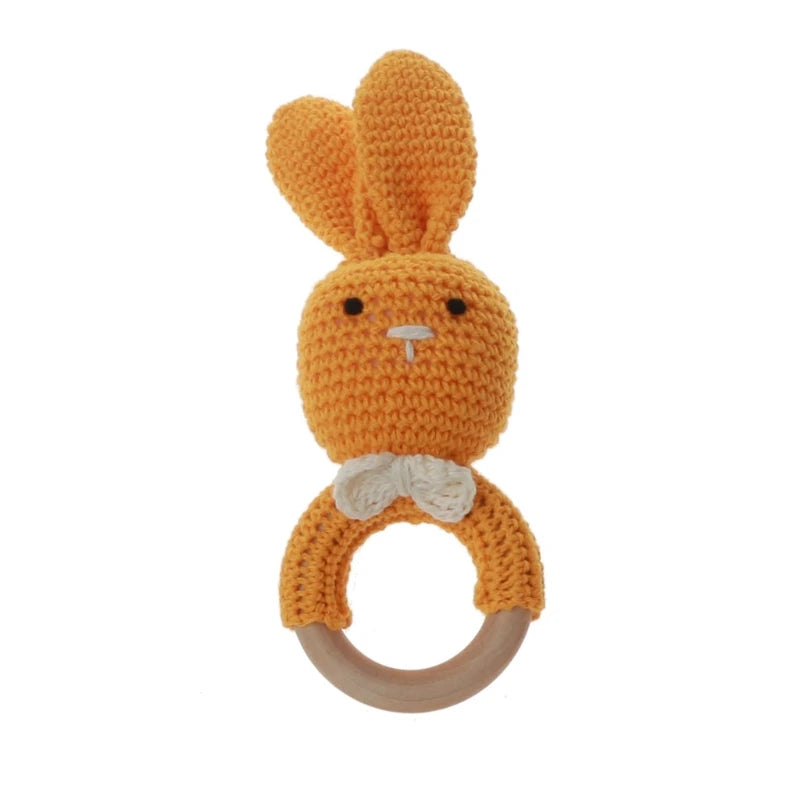 BPA Free Safe Crochet Baby Teether Cartoon Bunny Wooden Rattle Toys DIY Infant Newborn Teething Ring Baby Stroller Cot Baby Toy