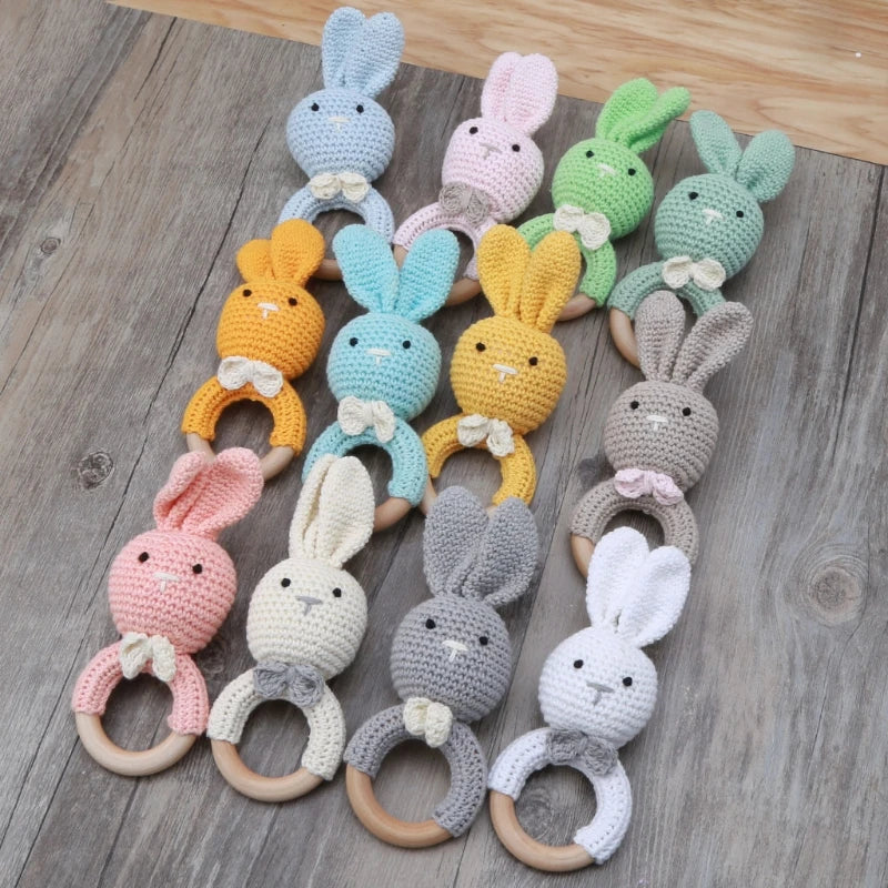 BPA Free Safe Crochet Baby Teether Cartoon Bunny Wooden Rattle Toys DIY Infant Newborn Teething Ring Baby Stroller Cot Baby Toy