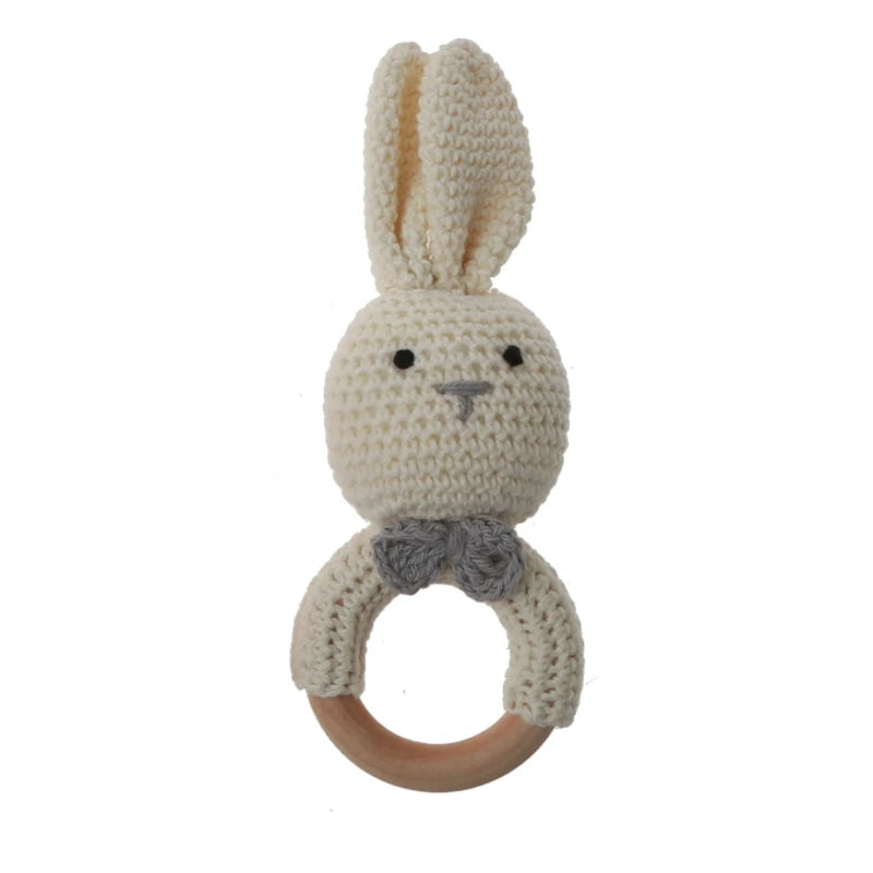 BPA Free Safe Crochet Baby Teether Cartoon Bunny Wooden Rattle Toys DIY Infant Newborn Teething Ring Baby Stroller Cot Baby Toy