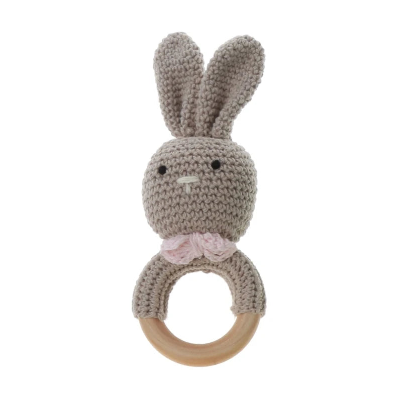 BPA Free Safe Crochet Baby Teether Cartoon Bunny Wooden Rattle Toys DIY Infant Newborn Teething Ring Baby Stroller Cot Baby Toy