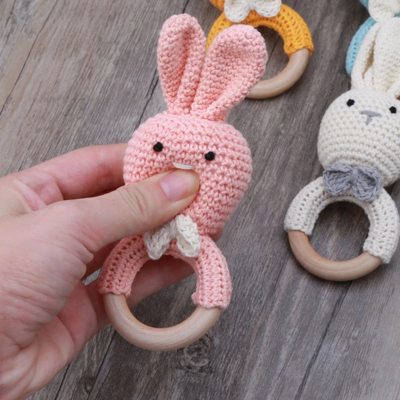 BPA Free Safe Crochet Baby Teether Cartoon Bunny Wooden Rattle Toys DIY Infant Newborn Teething Ring Baby Stroller Cot Baby Toy