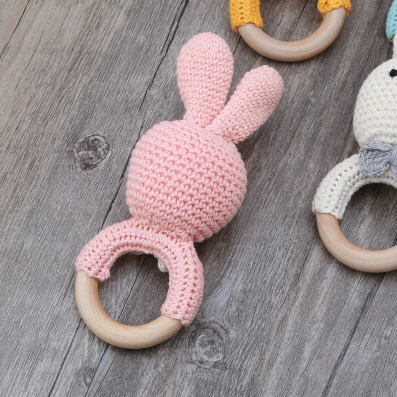 BPA Free Safe Crochet Baby Teether Cartoon Bunny Wooden Rattle Toys DIY Infant Newborn Teething Ring Baby Stroller Cot Baby Toy