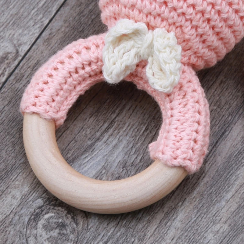 BPA Free Safe Crochet Baby Teether Cartoon Bunny Wooden Rattle Toys DIY Infant Newborn Teething Ring Baby Stroller Cot Baby Toy