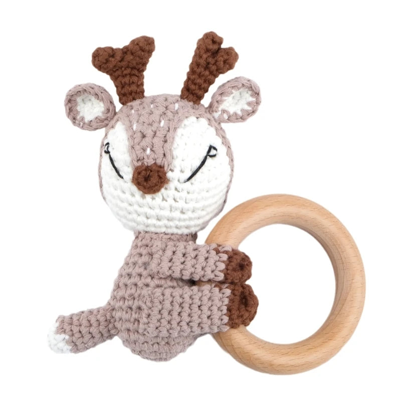 BPA Free Safe Crochet Baby Teether Cartoon Bunny Wooden Rattle Toys DIY Infant Newborn Teething Ring Baby Stroller Cot Baby Toy