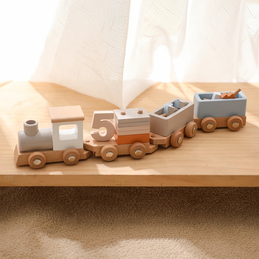 Montessori Train Toy Wooden Stacking Trolley Baby Early Learning Educational Toy Photography Prop Birthday Gift Set for Newborns