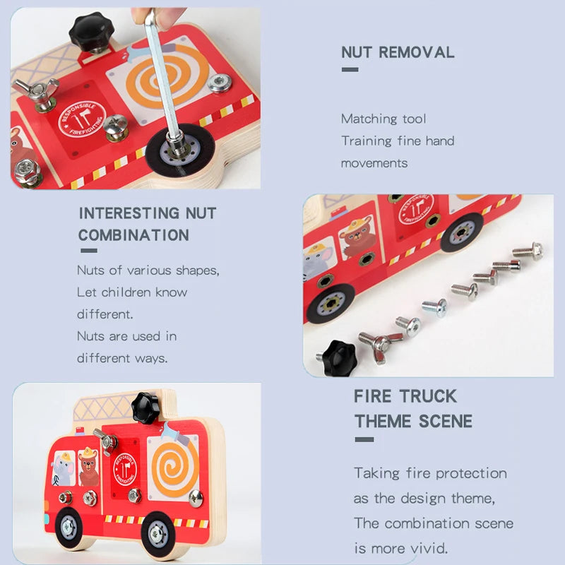 Montessori  Busy Board Toy Simulation Fire Truck Twist Screw Bolt Set Basic Skills Learning Teaching Aids Education Toys For Kid