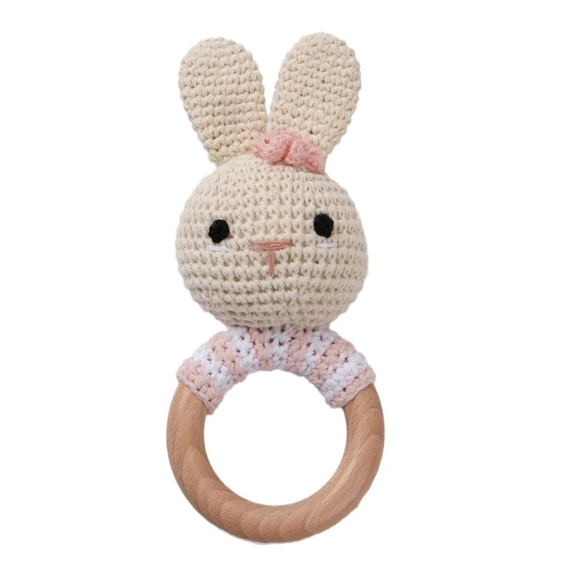 BPA Free Safe Crochet Baby Teether Cartoon Bunny Wooden Rattle Toys DIY Infant Newborn Teething Ring Baby Stroller Cot Baby Toy