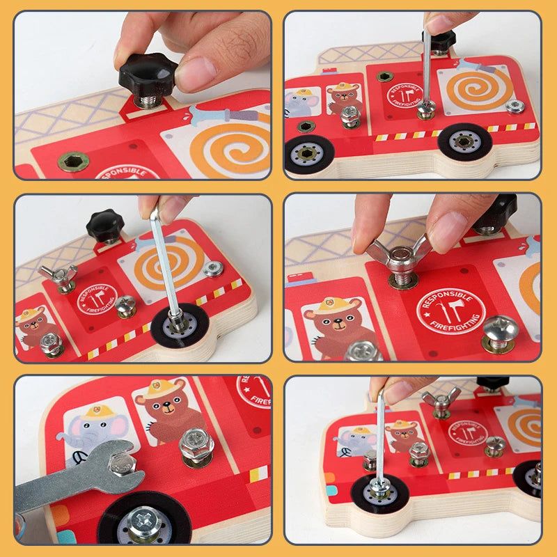 Montessori  Busy Board Toy Simulation Fire Truck Twist Screw Bolt Set Basic Skills Learning Teaching Aids Education Toys For Kid
