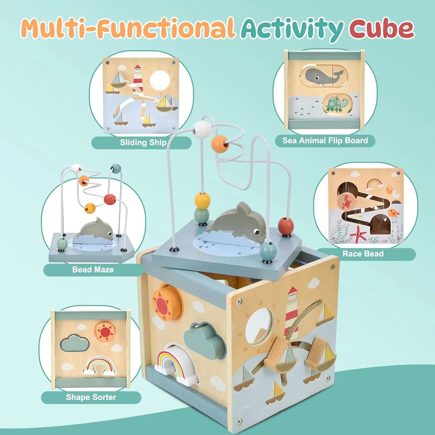 Montessori Activity Cube Wooden Ocean Animal Shape Sorter Toys Bead Maze﻿ Fine Motor Toy Todders Learning Educational Gifts