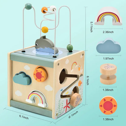 Montessori Activity Cube Wooden Ocean Animal Shape Sorter Toys Bead Maze﻿ Fine Motor Toy Todders Learning Educational Gifts