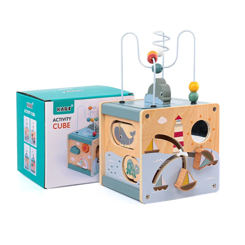 Montessori Activity Cube Wooden Ocean Animal Shape Sorter Toys Bead Maze﻿ Fine Motor Toy Todders Learning Educational Gifts