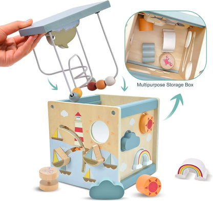 Montessori Activity Cube Wooden Ocean Animal Shape Sorter Toys Bead Maze﻿ Fine Motor Toy Todders Learning Educational Gifts