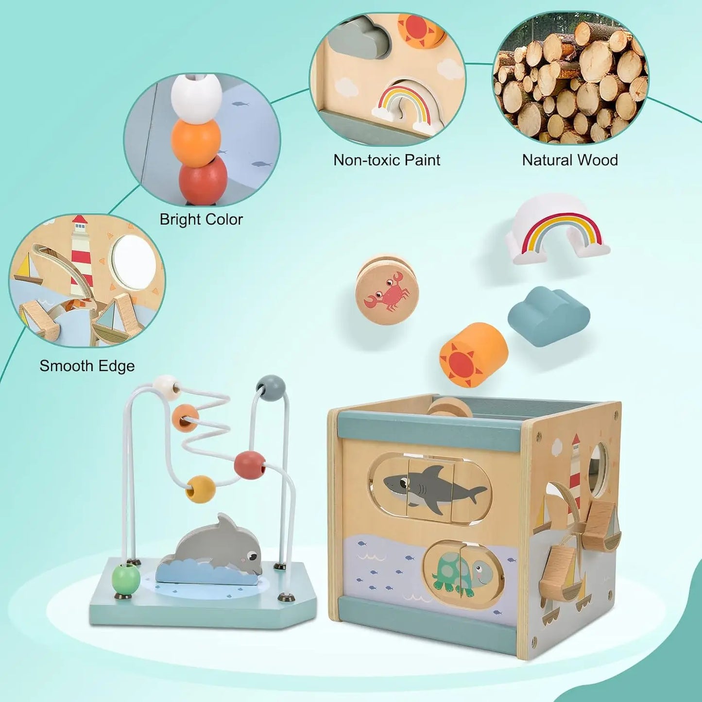Montessori Activity Cube Wooden Ocean Animal Shape Sorter Toys Bead Maze﻿ Fine Motor Toy Todders Learning Educational Gifts