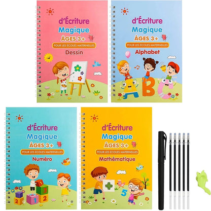 French Children's Book 4Pcs Magic Practice Magic Copybook for Kids Before School Math Alphabet Drawing Reusable Calligraphy Book