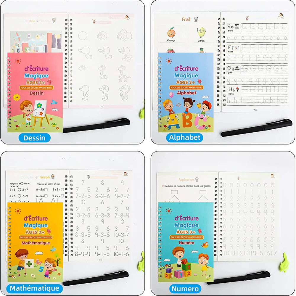French Children's Book 4Pcs Magic Practice Magic Copybook for Kids Before School Math Alphabet Drawing Reusable Calligraphy Book