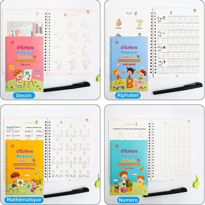 French Children's Book 4Pcs Magic Practice Magic Copybook for Kids Before School Math Alphabet Drawing Reusable Calligraphy Book