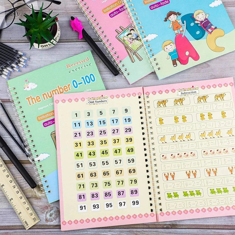 French Children's Book 4Pcs Magic Practice Magic Copybook for Kids Before School Math Alphabet Drawing Reusable Calligraphy Book